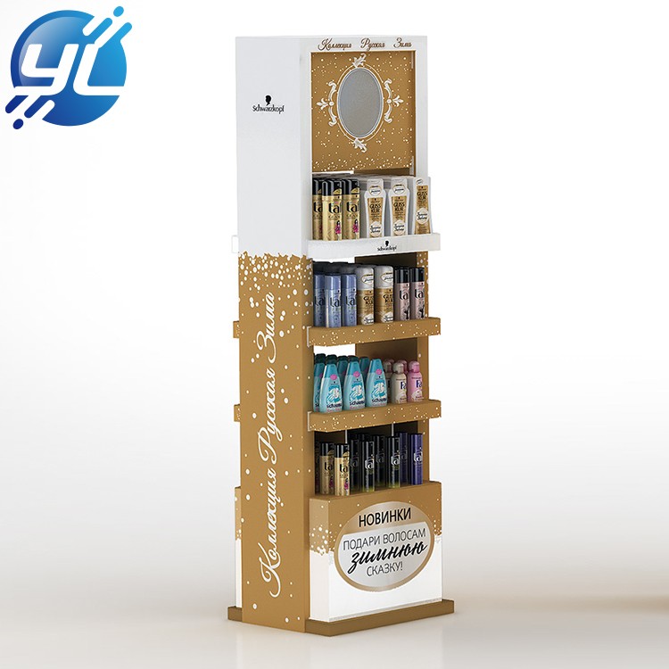 Customized commercial shampoo merchandise shelf multi material floor display stand