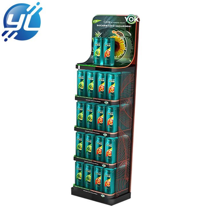 Customized commercial shampoo merchandise shelf multi material floor display stand