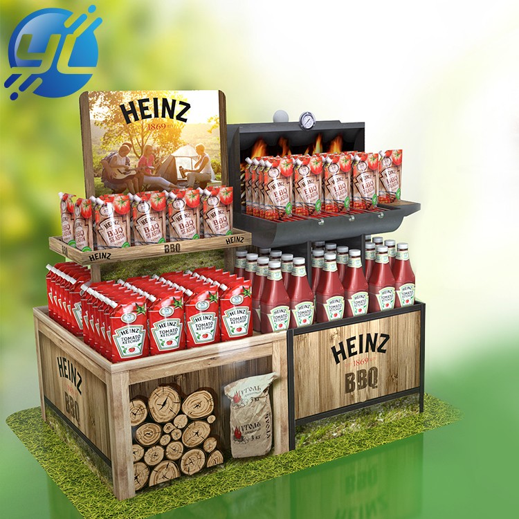 Custom Design Advertising wood Tomato Sauce Display Stands For Supermarket Retail Store Promotion