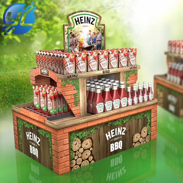 Custom Design Advertising wood Tomato Sauce Display Stands For Supermarket Retail Store Promotion