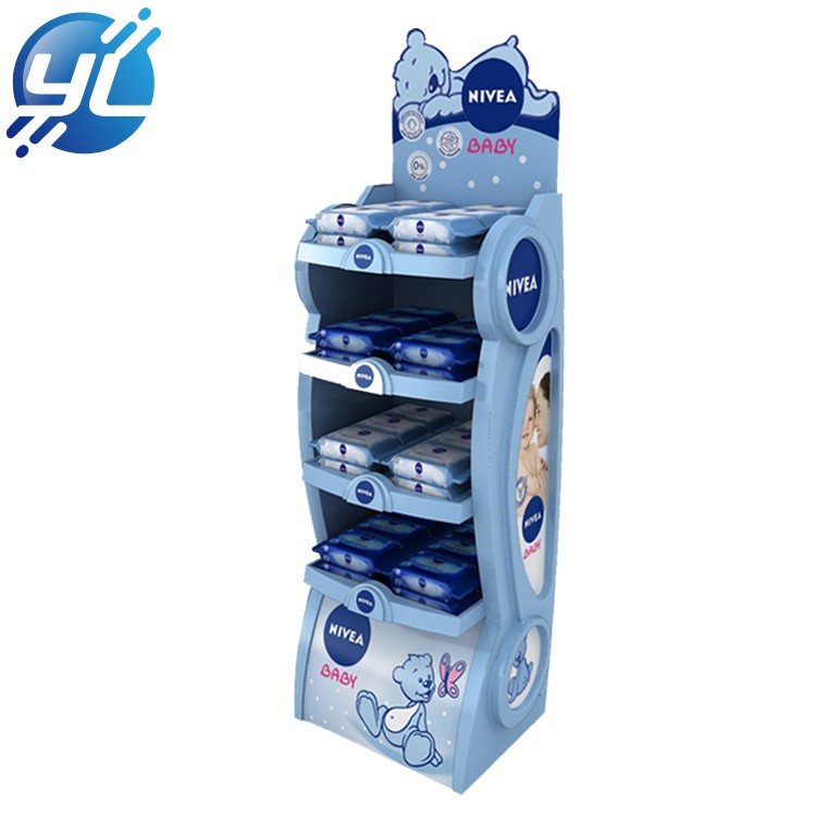 Customized Babies use wet wipes floor standing display rack wooden with thermoforming