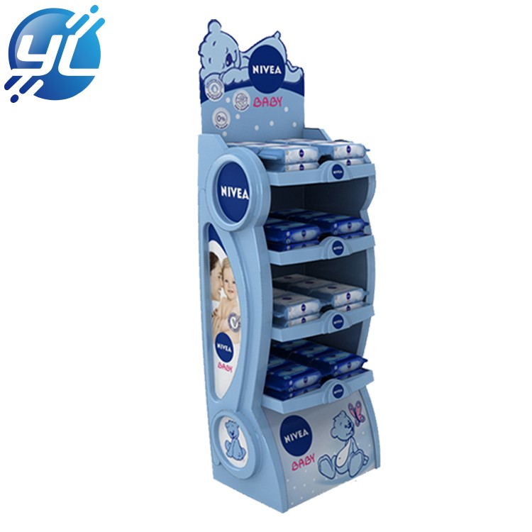 Customized Babies use wet wipes floor standing display rack wooden with thermoforming