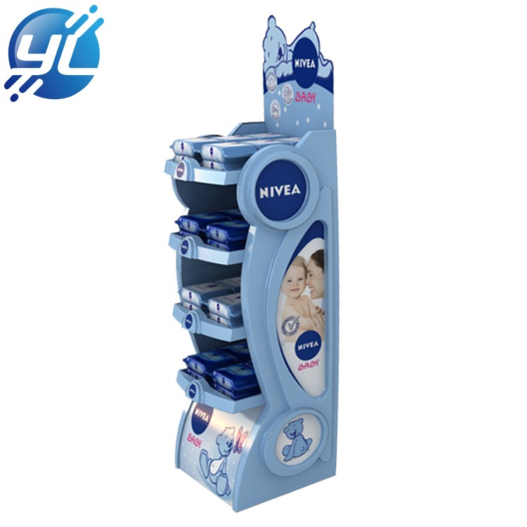 Customized Babies use wet wipes floor standing display rack wooden with thermoforming