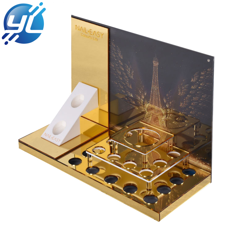 Luxury gold mirrored acrylic table top perfume display stand 