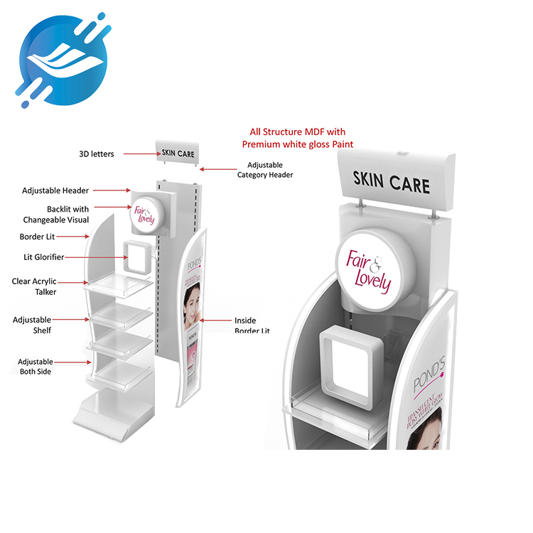 Off-white metal floor-standing adjustable four-tier skin care product display stand